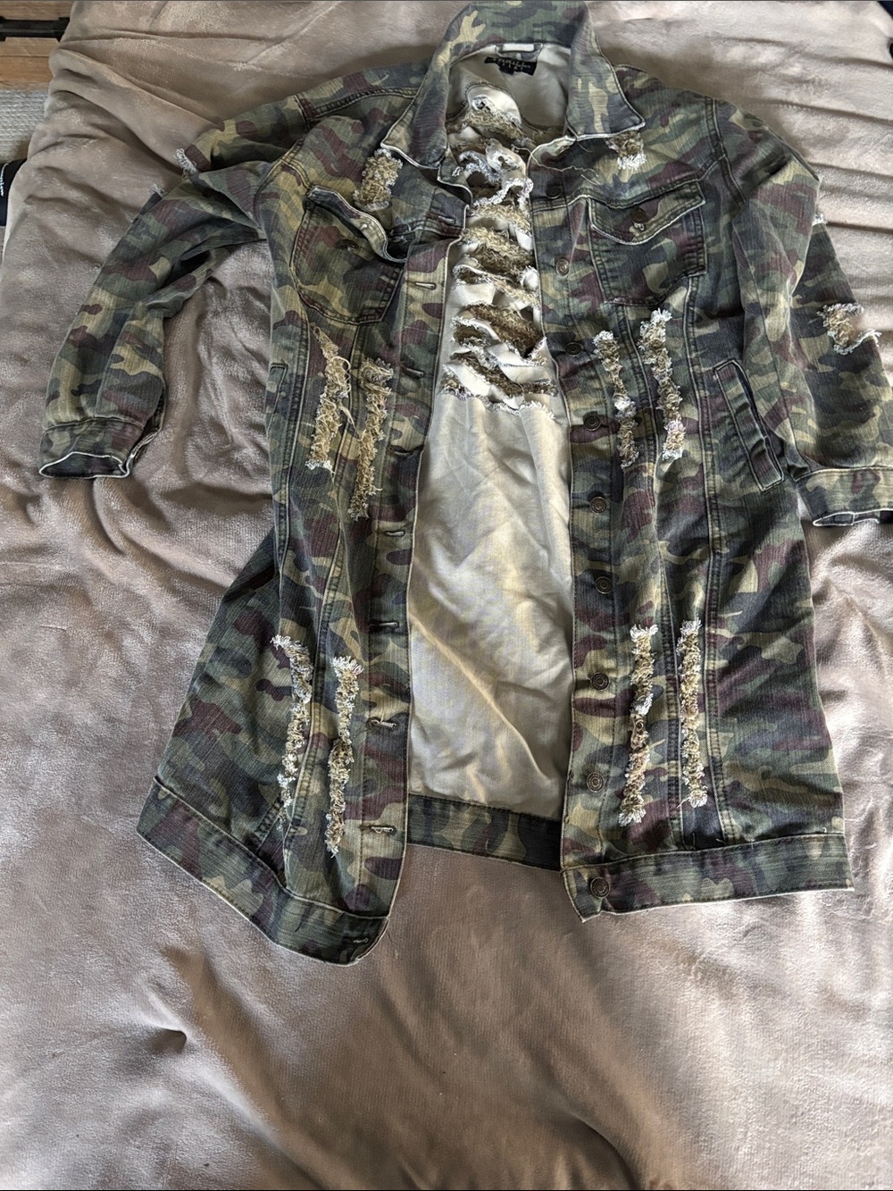 Thrill Distressed Camo Jean Jacket in Green & Brown